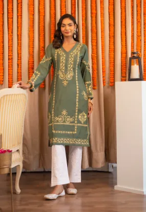 Saba Gold Zari Work Long Kurta In Muslin - Bottle Green