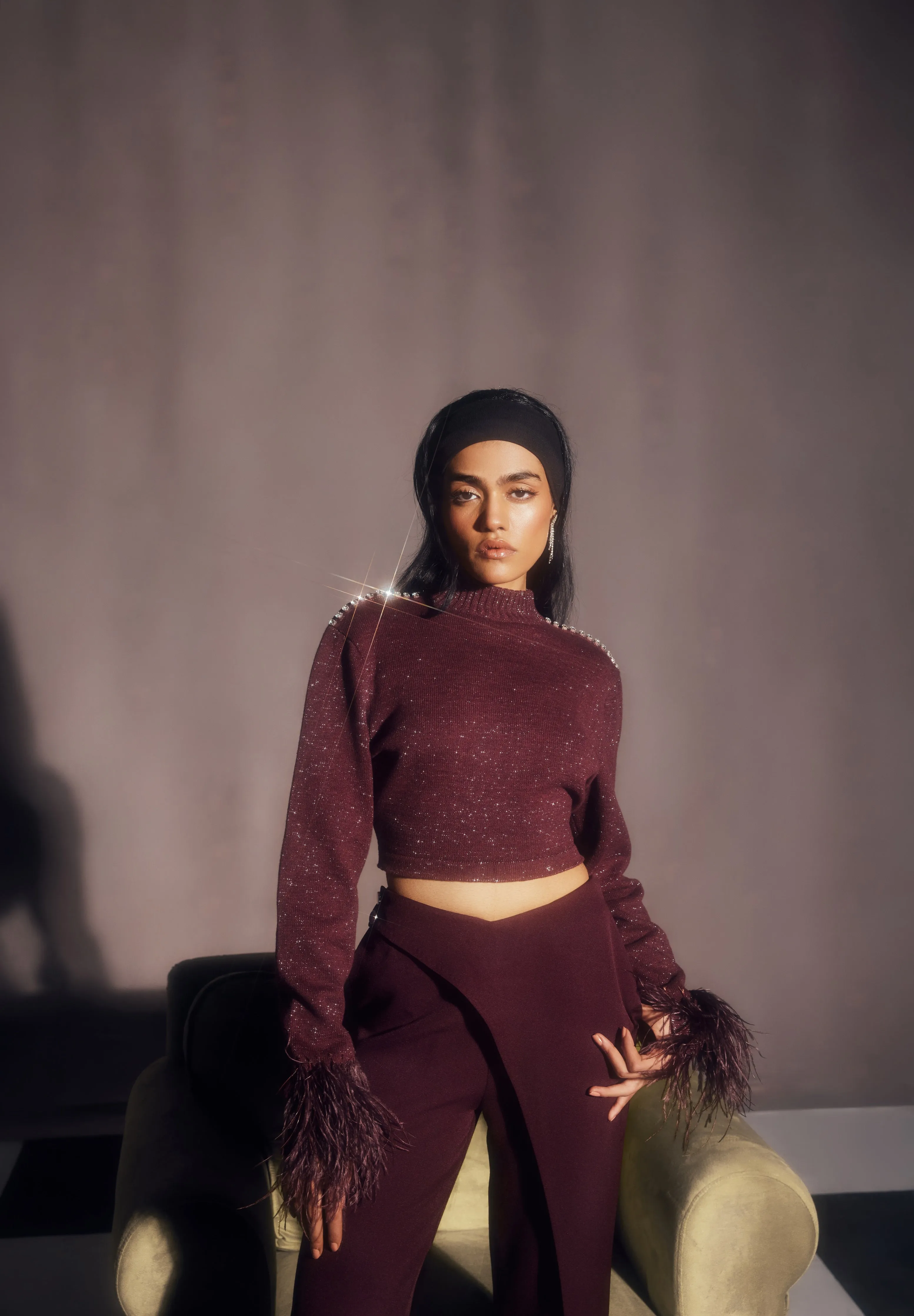 Sakara Burgundy Embellished Shimmer Sweater & Pants Set