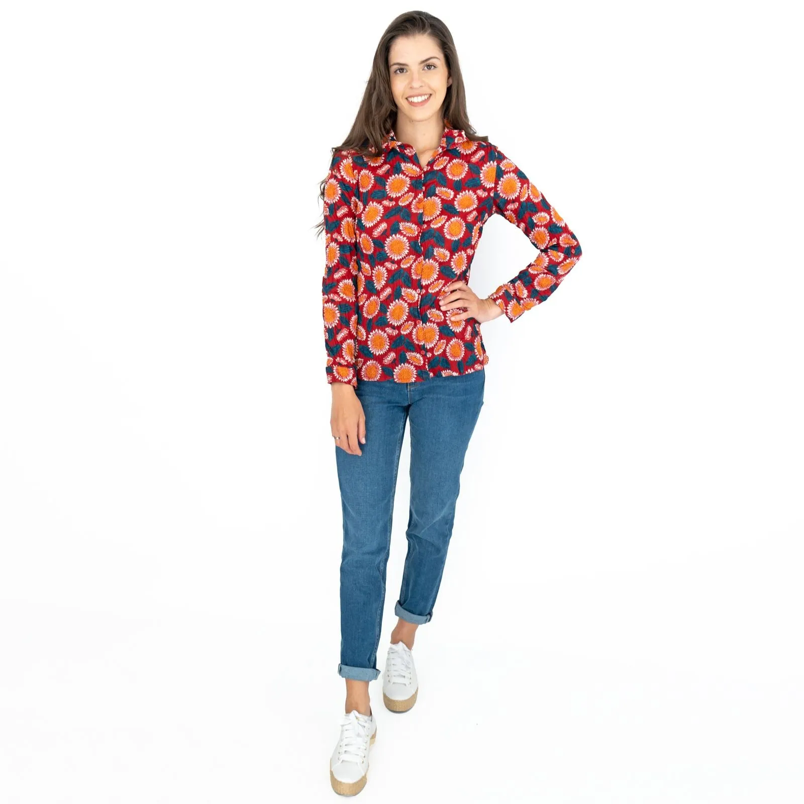 Seasalt Larissa Red Daisies Shirt Long Sleeve Cotton Button-Up Tops