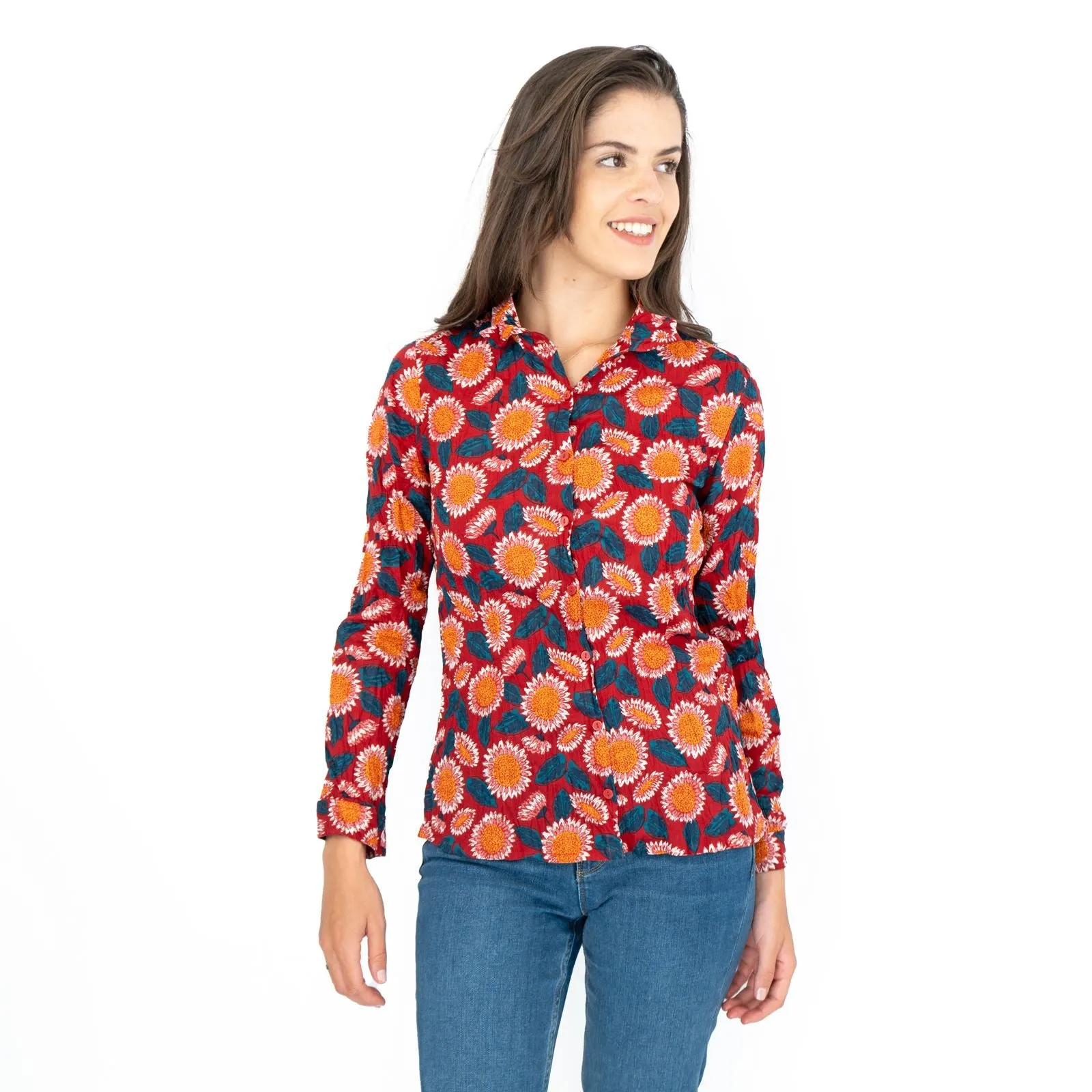 Seasalt Larissa Red Daisies Shirt Long Sleeve Cotton Button-Up Tops