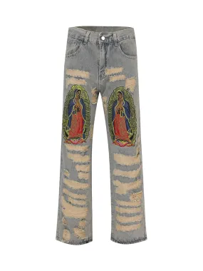 Thesupermade American Street Style Ripped Embroidered Jeans - 1617