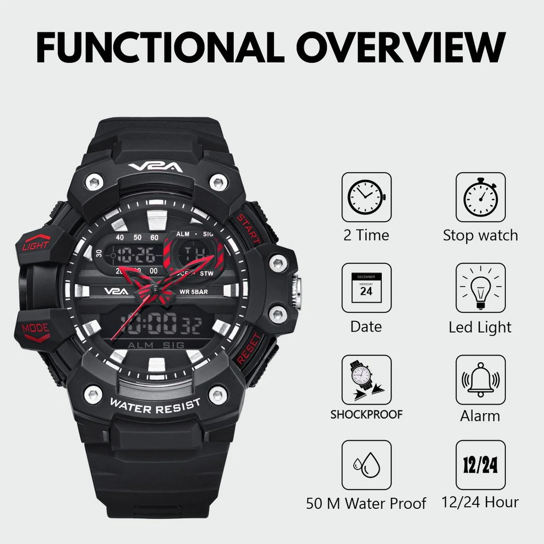 V2A Analog Digital Men Watch 5ATM Waterproof Multifunctional Sports Watch for Men Sports Watch for Men