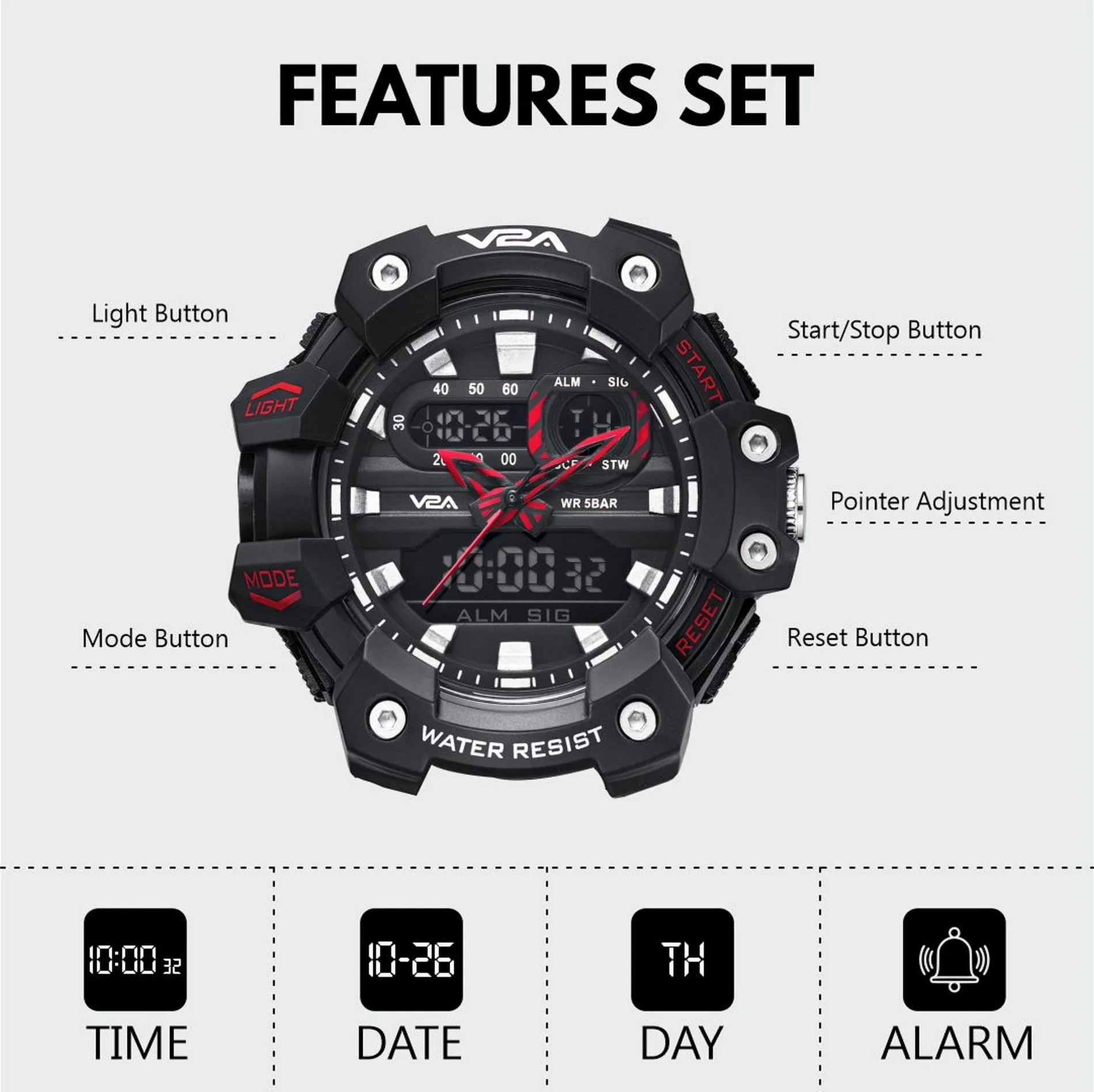 V2A Analog Digital Men Watch 5ATM Waterproof Multifunctional Sports Watch for Men Sports Watch for Men