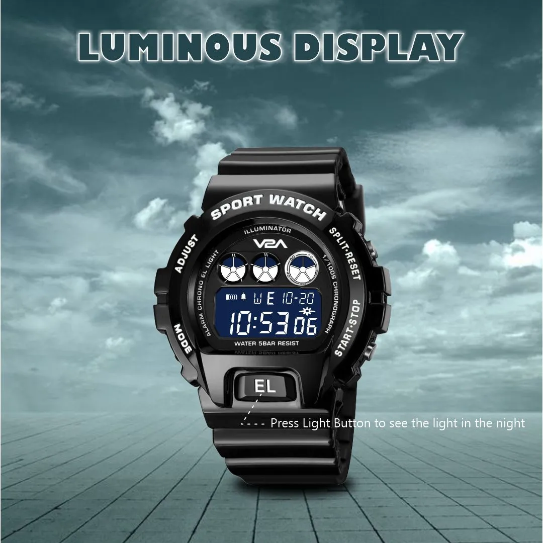 V2A Deep Black Digital Watch for Men and Boys Sports Watch with Dual Time Waterproof Latest Men’s Watch | Gifts for Men | Gift for Brother | Gift for Husband | Birthday Gifts