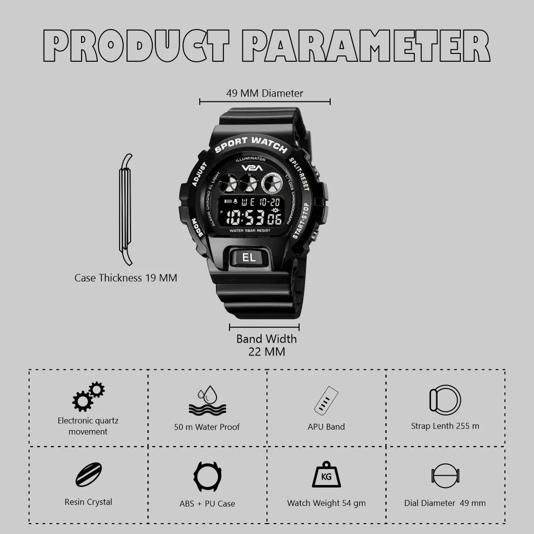 V2A Deep Black Digital Watch for Men and Boys Sports Watch with Dual Time Waterproof Latest Men’s Watch | Gifts for Men | Gift for Brother | Gift for Husband | Birthday Gifts