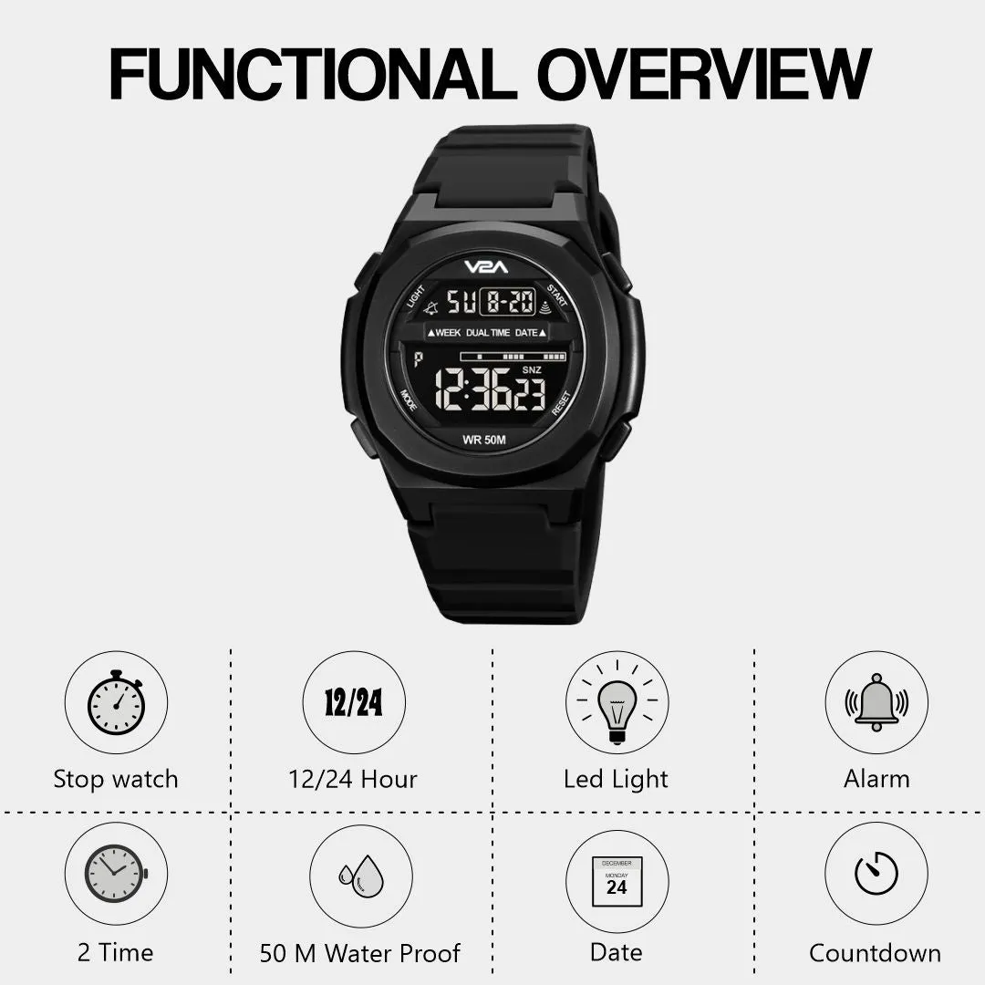 V2A Deep Black Digital Watch for Men and Boys Sports Watch with Dual Time Waterproof Latest Men’s Watch | Gifts for Men | Gift for Brother | Gift for Husband | Birthday Gifts