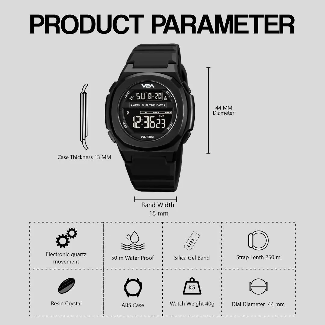 V2A Deep Black Digital Watch for Men and Boys Sports Watch with Dual Time Waterproof Latest Men’s Watch | Gifts for Men | Gift for Brother | Gift for Husband | Birthday Gifts