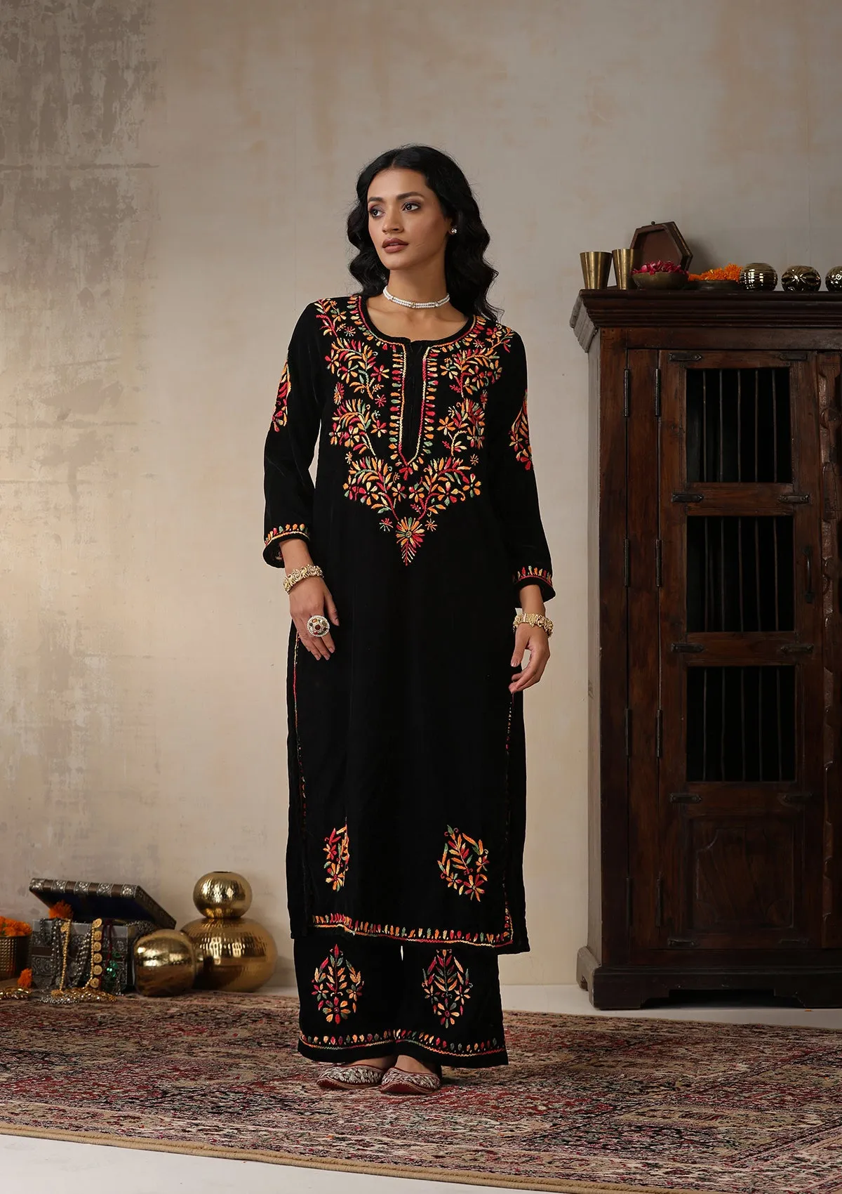 Velvet Chikankari Solid Women's 2 PC Long Kurta Set - Black