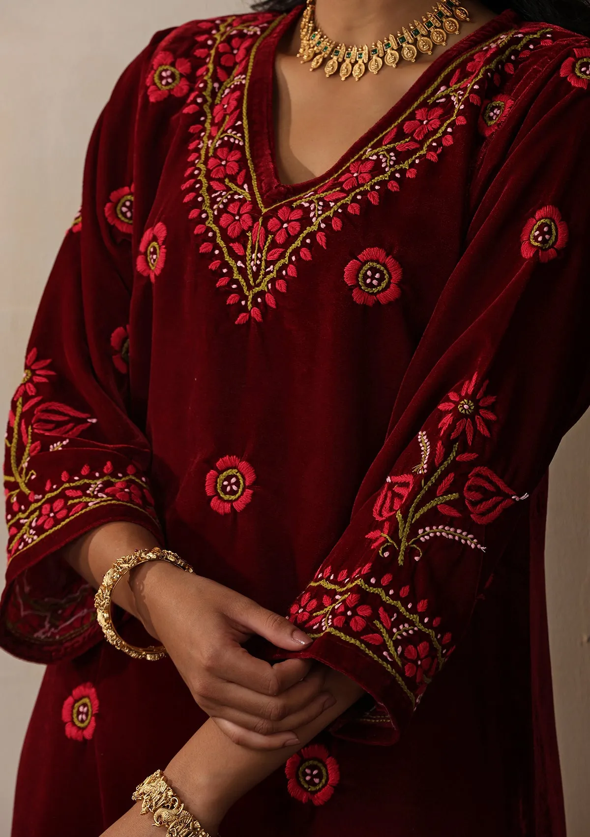 Velvet Chikankari Solid Women's 2 PC Long Kurta Set - Maroon