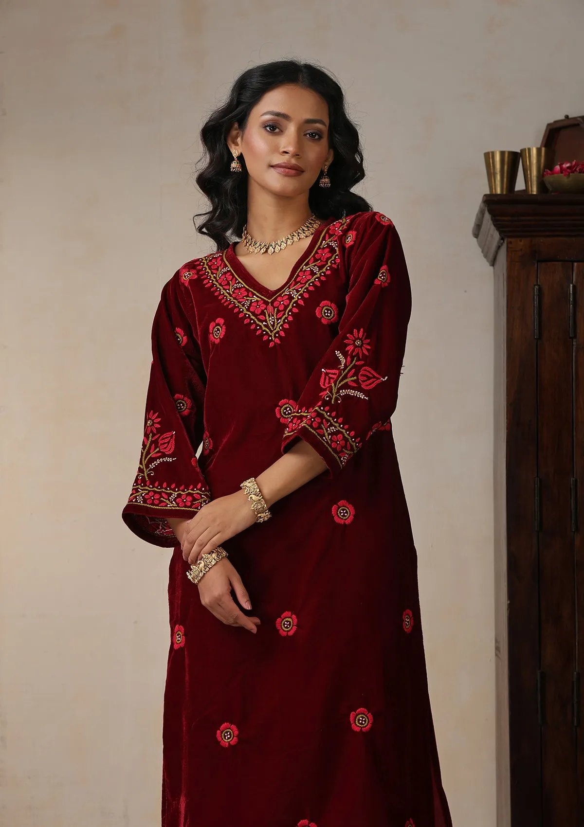 Velvet Chikankari Solid Women's 2 PC Long Kurta Set - Maroon