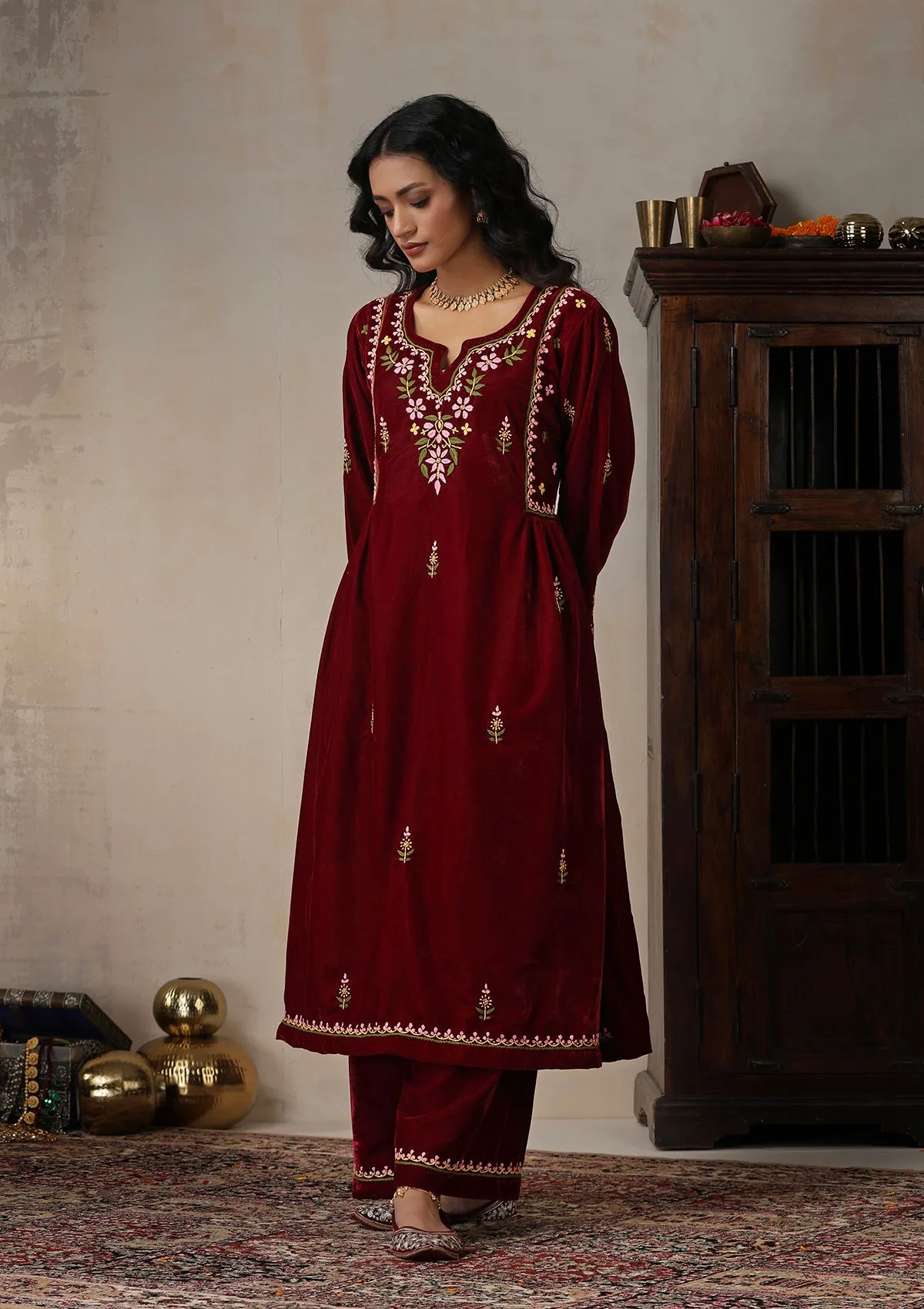 Velvet Chikankari Solid Women's 2 PC Long Kurta Set - Maroon