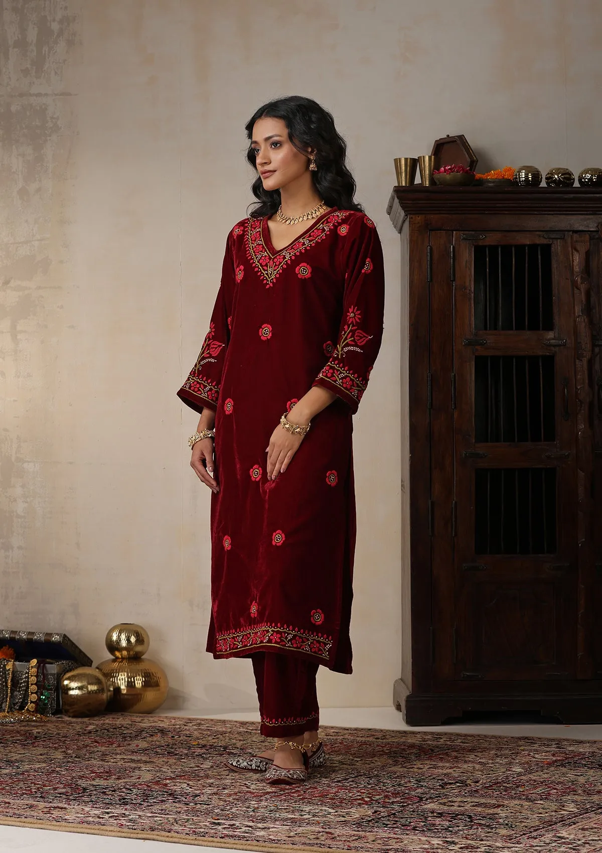 Velvet Chikankari Solid Women's 2 PC Long Kurta Set - Maroon