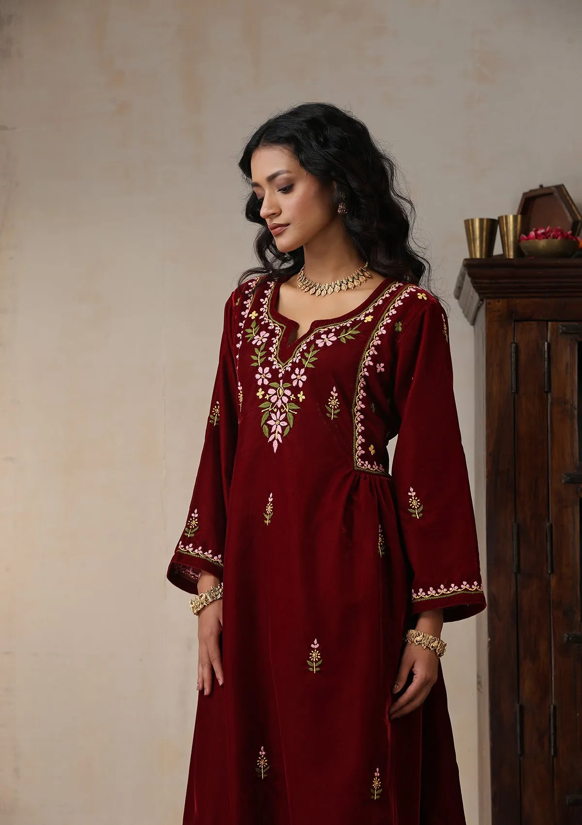 Velvet Chikankari Solid Women's 2 PC Long Kurta Set - Maroon