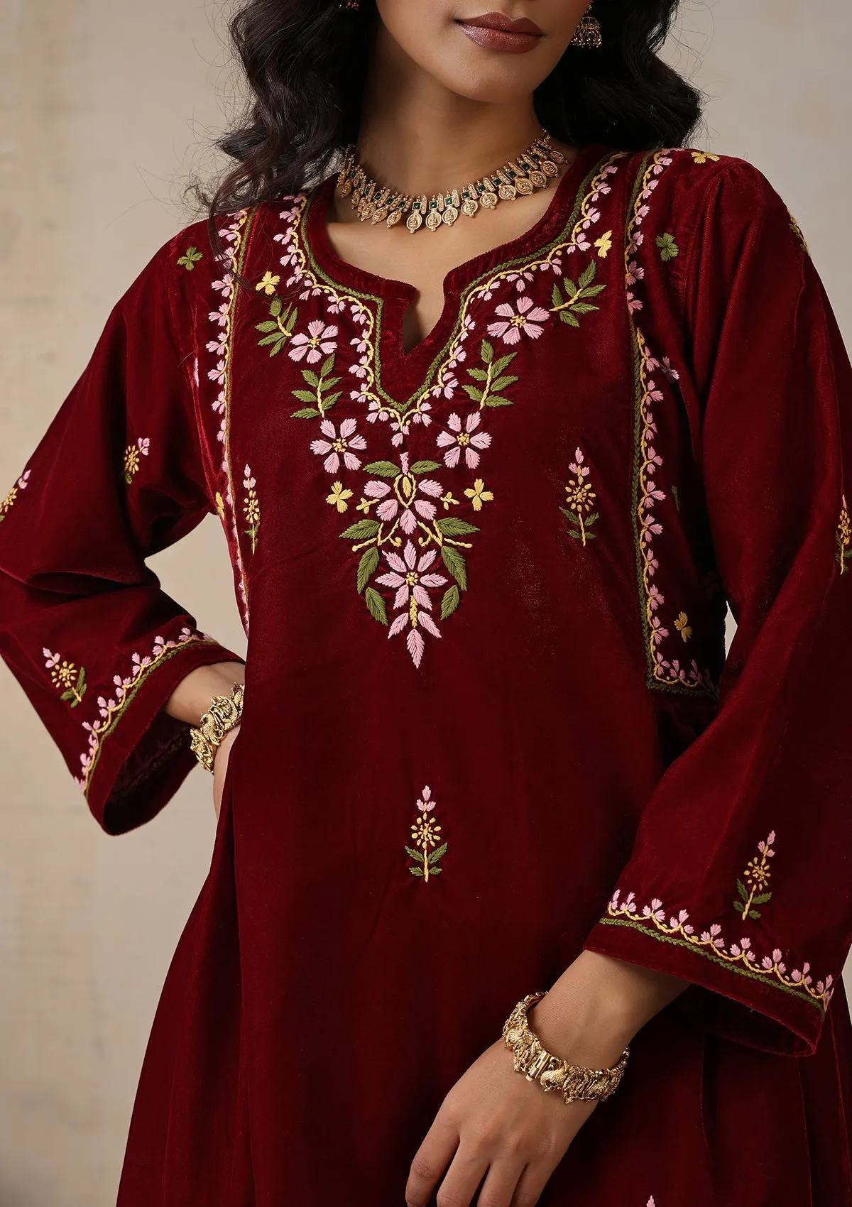 Velvet Chikankari Solid Women's 2 PC Long Kurta Set - Maroon