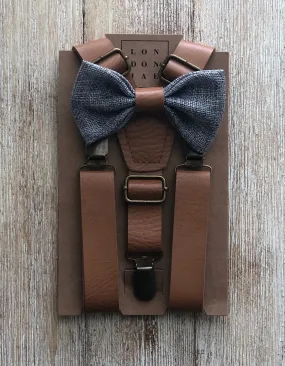 Vintage Tan Suspenders with Vintage Grey Bow Tie