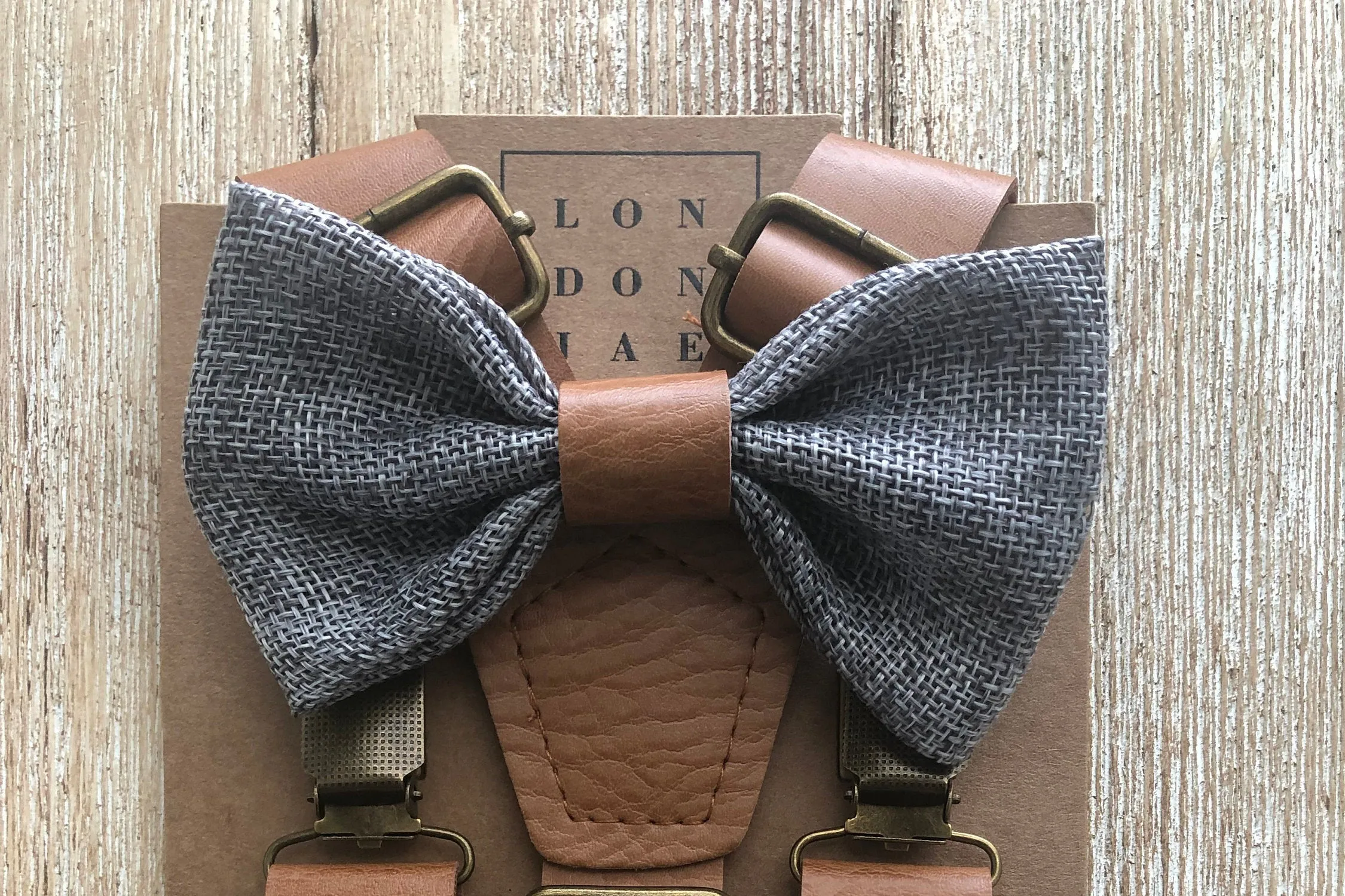 Vintage Tan Suspenders with Vintage Grey Bow Tie