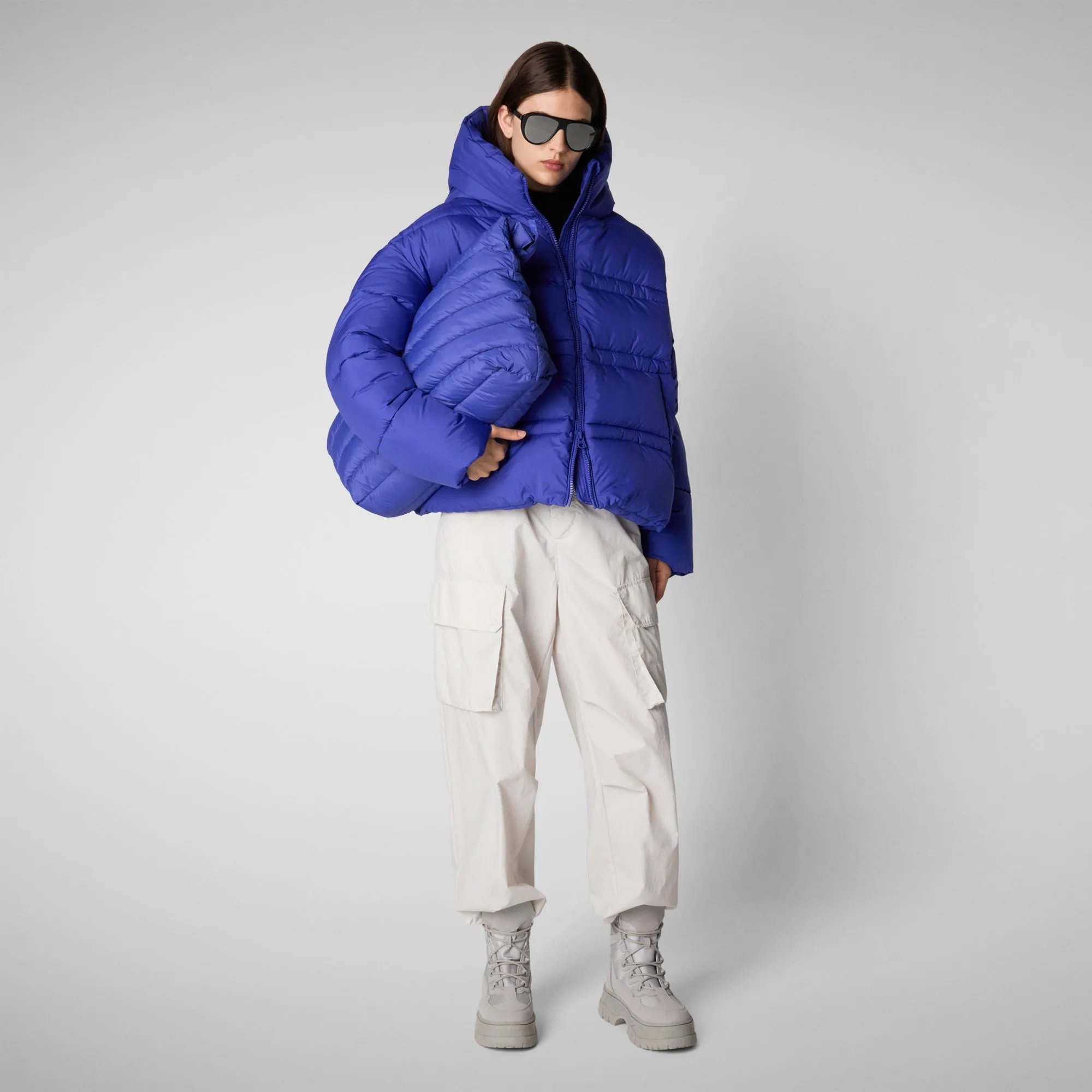 Woman's animal free hooded puffer jacket Keri in gentian blue