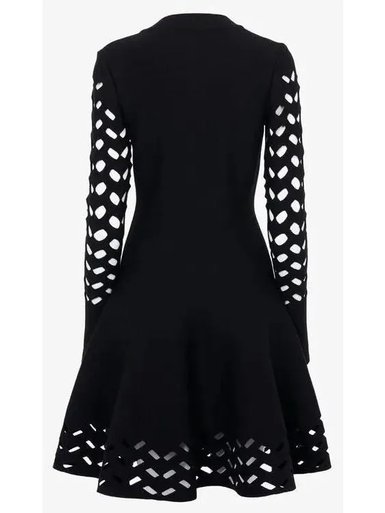 Women’s Black Long-Sleeve Open-Work Knit Dress