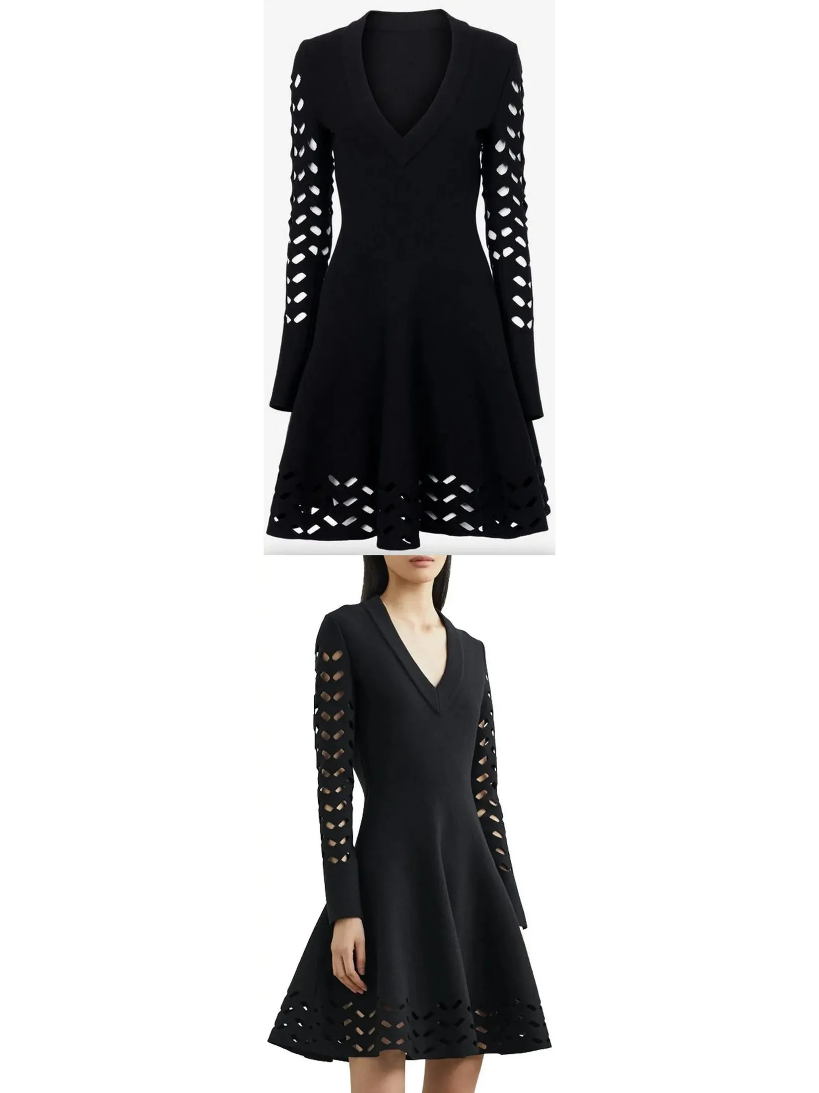 Women’s Black Long-Sleeve Open-Work Knit Dress