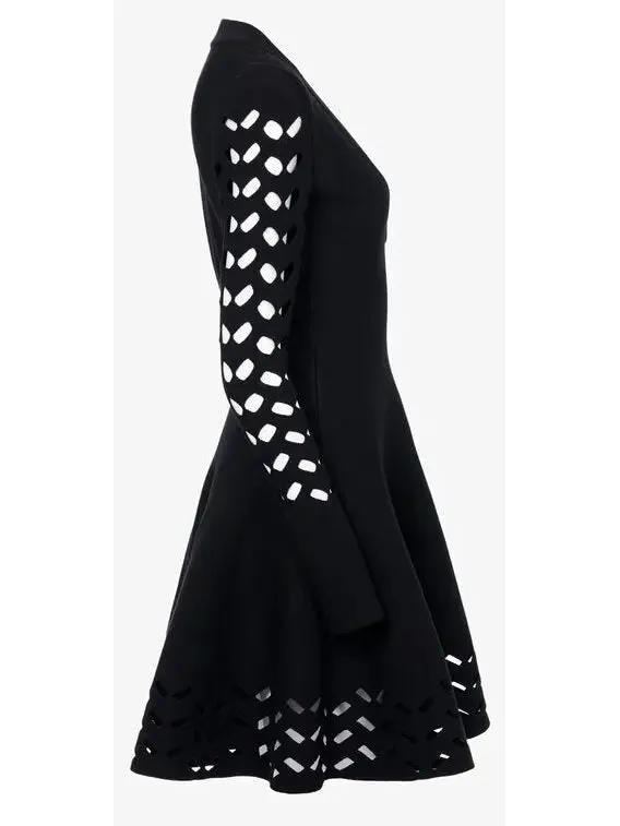 Women’s Black Long-Sleeve Open-Work Knit Dress