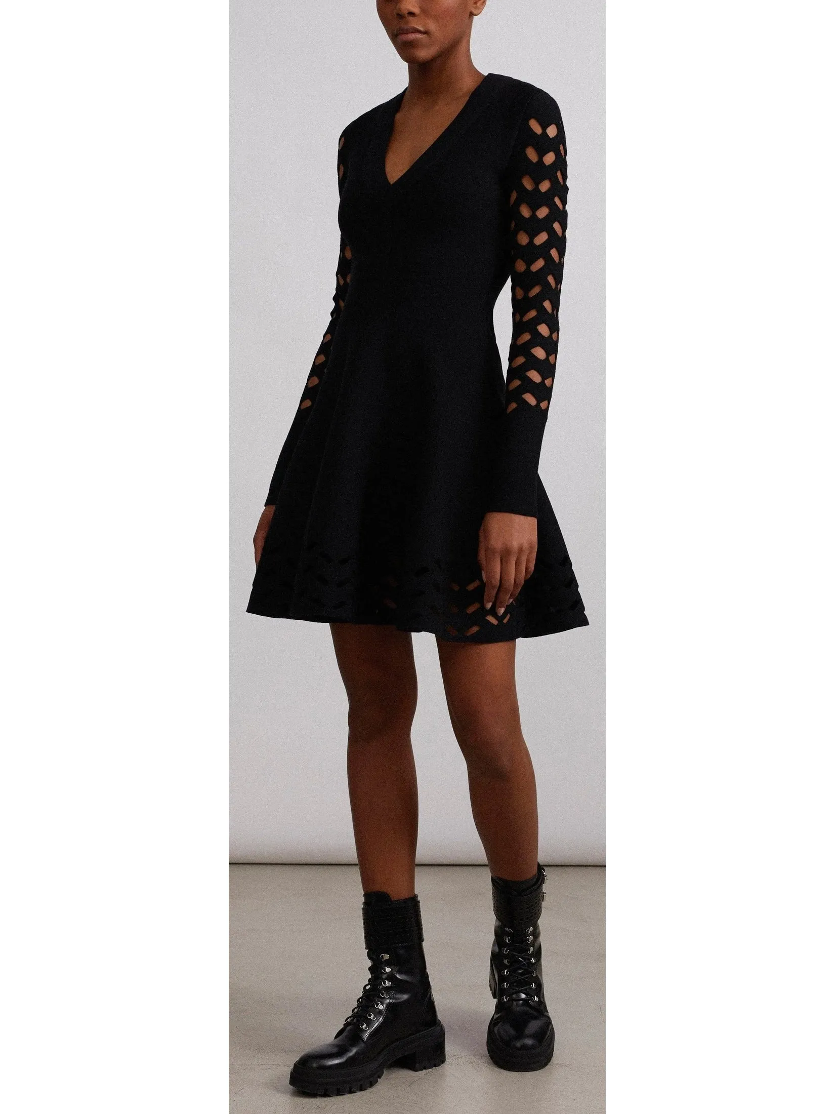 Women’s Black Long-Sleeve Open-Work Knit Dress