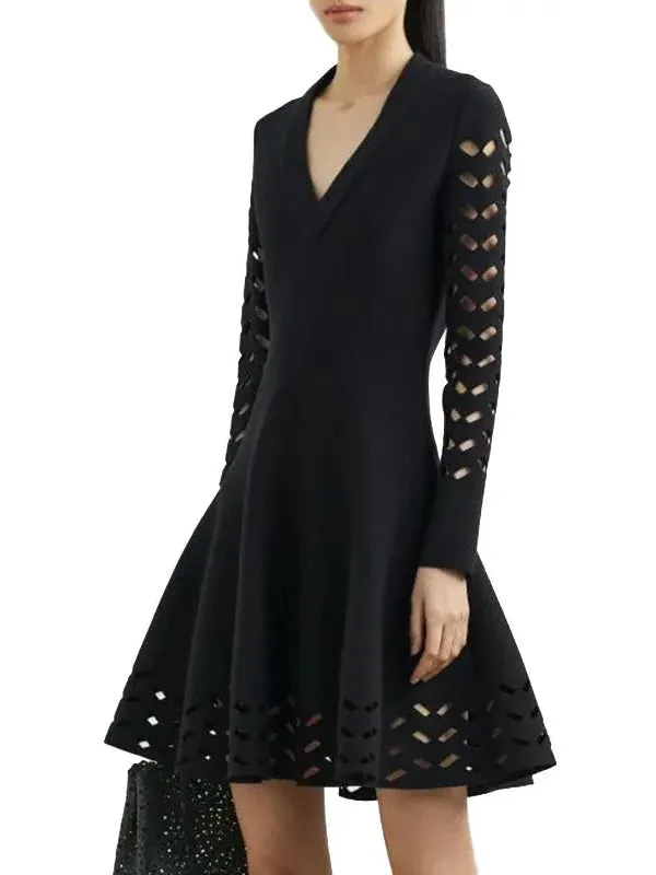 Women’s Black Long-Sleeve Open-Work Knit Dress