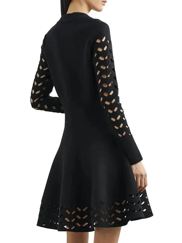 Women’s Black Long-Sleeve Open-Work Knit Dress