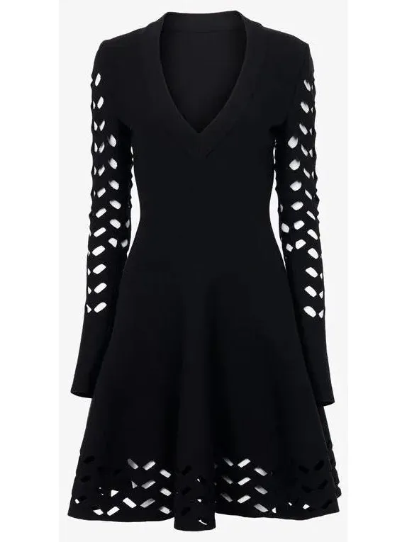 Women’s Black Long-Sleeve Open-Work Knit Dress