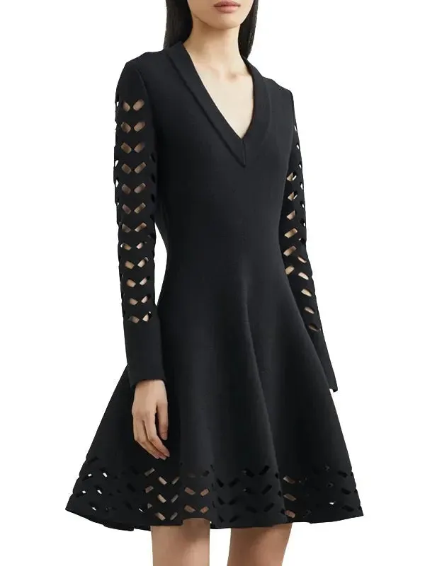 Women’s Black Long-Sleeve Open-Work Knit Dress