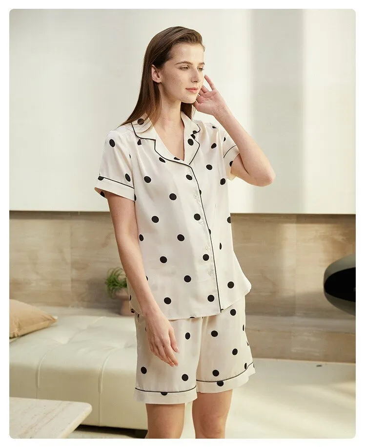 Women's Woven Polka Dot Short-Sleeved Short Pants Long Pants Sleepwear Homewear 3pcs Set