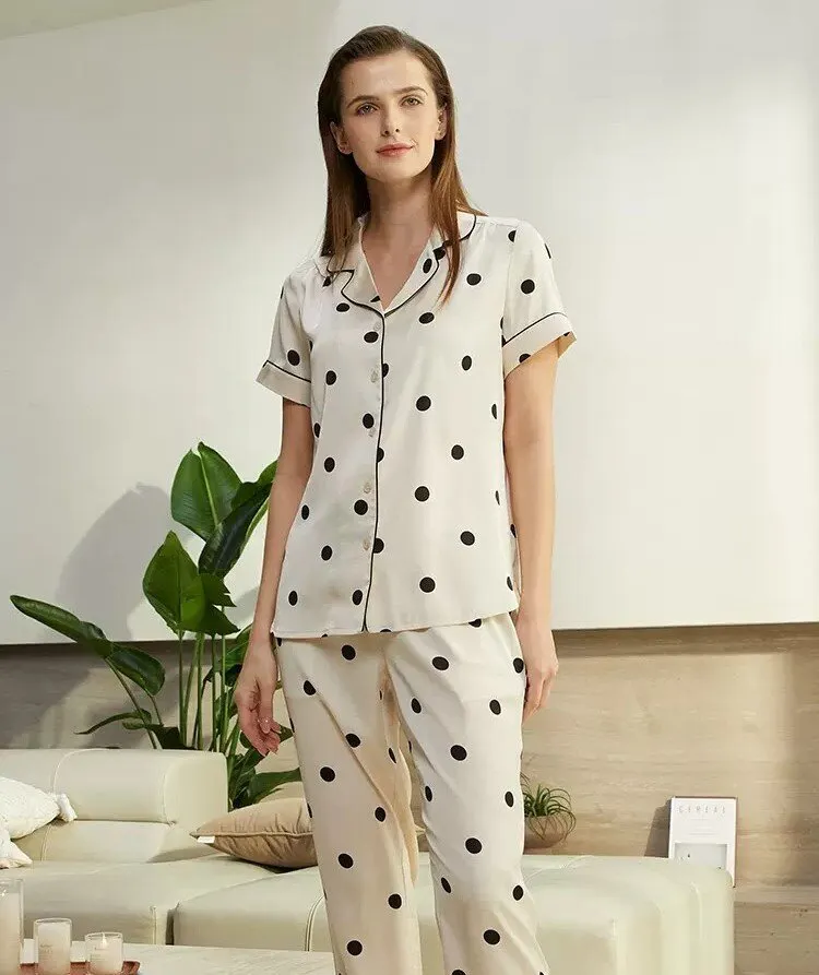 Women's Woven Polka Dot Short-Sleeved Short Pants Long Pants Sleepwear Homewear 3pcs Set