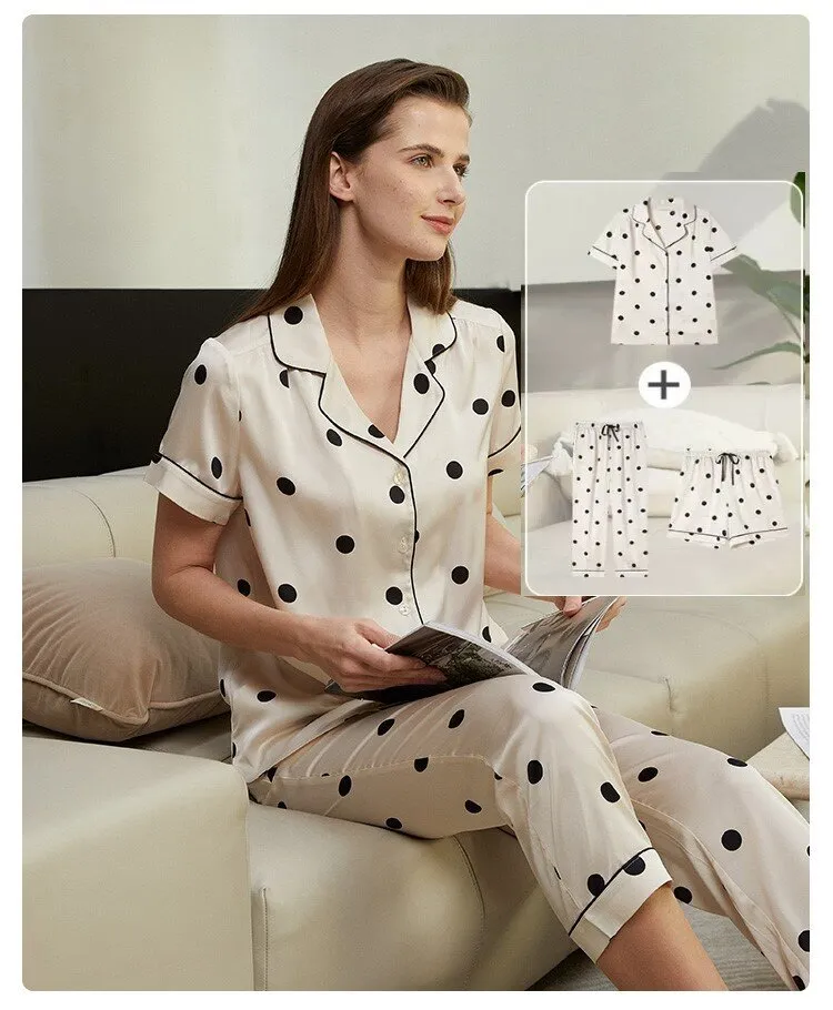 Women's Woven Polka Dot Short-Sleeved Short Pants Long Pants Sleepwear Homewear 3pcs Set