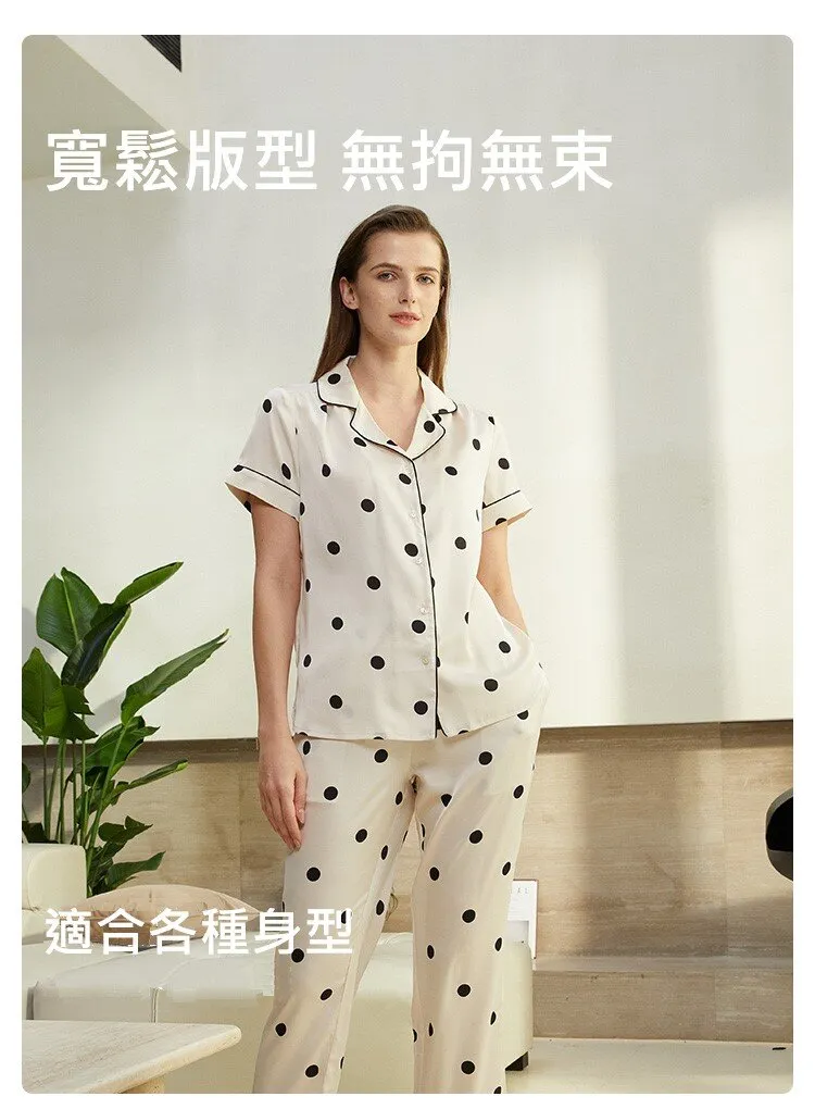 Women's Woven Polka Dot Short-Sleeved Short Pants Long Pants Sleepwear Homewear 3pcs Set