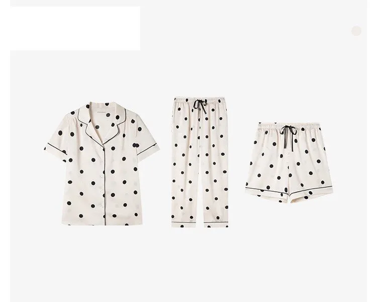 Women's Woven Polka Dot Short-Sleeved Short Pants Long Pants Sleepwear Homewear 3pcs Set